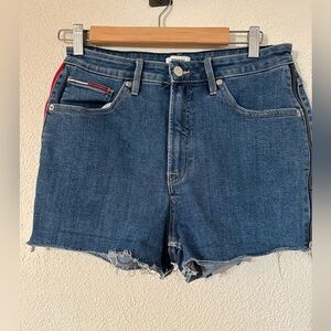 Tommy Jeans Shorts Women Blue Denim High Rise Logo Zipper On Sides Raw Hem Sz 30